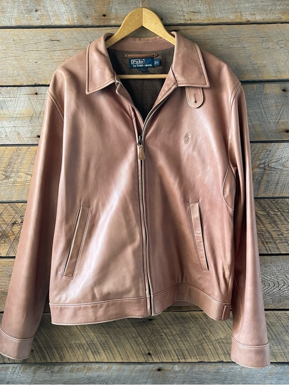 Vtg Polo Ralph Lauren Genuine Soft Leather Jacket Houndstooth Lining Size Large